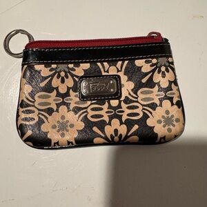 Fossil Stamped Leather Wallet  ID Holder Zip Top Vintage Key Ring